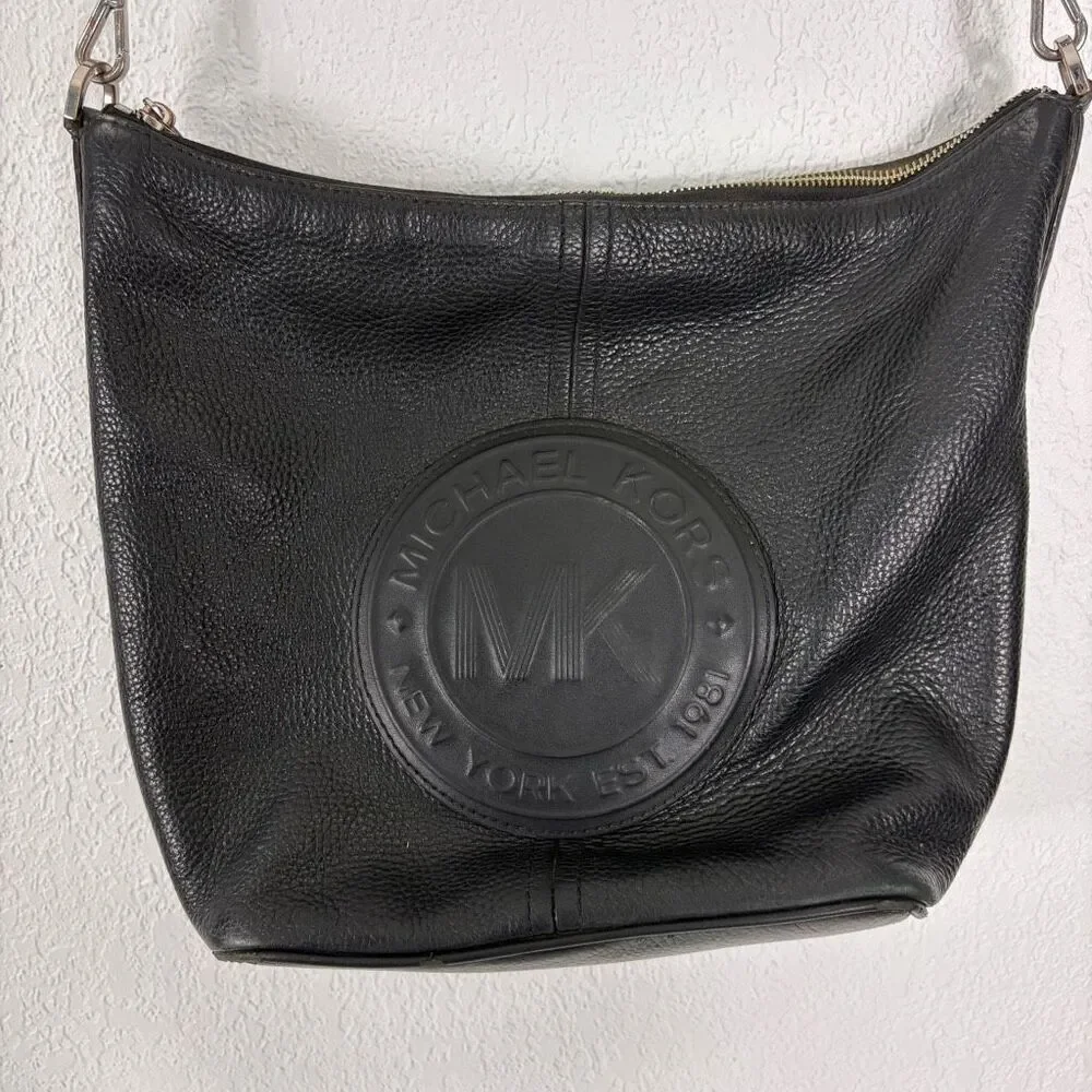 Michael Kors Black Pebbled Leather Fulton Sport Shoulder Purse‎ Big Logo
